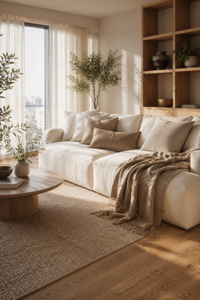 Layered Neutral Textiles for Apt Living Room Decor