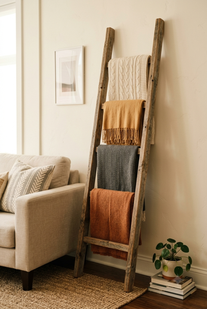 Decorative Ladder Rack for Vertical Blanket Display