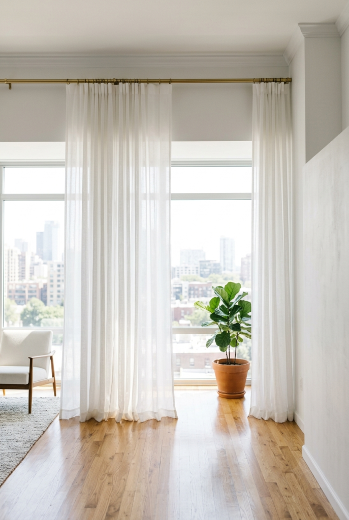Sheer Curtains Hung High for Tall Looking Windows
